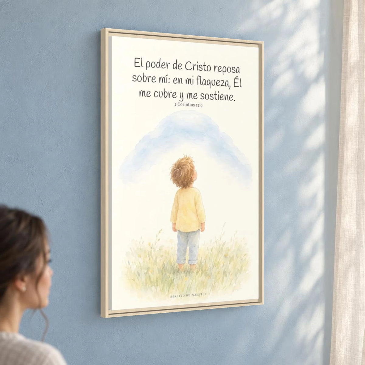 El poder de Cristo descansa sobre mí | Cuadro bíblico para el hogar | 2 Corintios 12:9 — 24×36 pulgadas, marco natural, vista angular ambiental del marco flotante, escala física calibrada