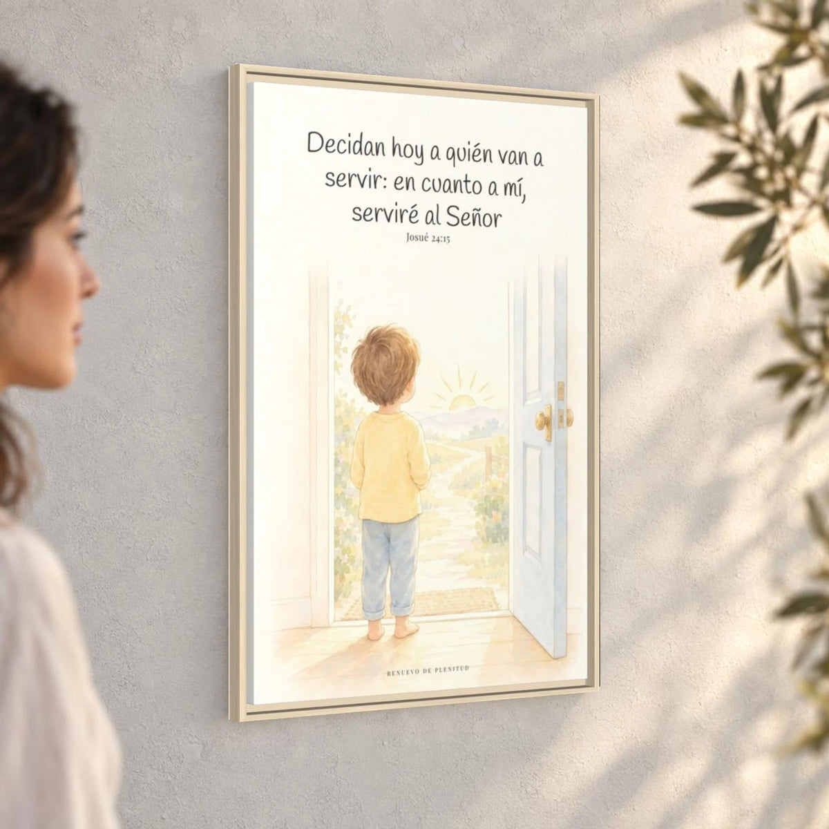 Decidan hoy a quién van a servir — Lienzo Cristiano Enmarcado | Josué 24:15 — 24×36 pulgadas, marco natural, vista angular ambiental del marco flotante, escala física calibrada