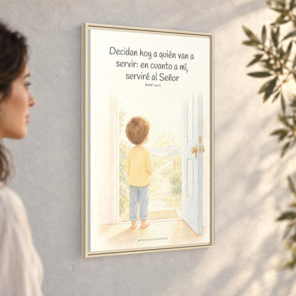 Decidan hoy a quién van a servir — Lienzo Cristiano Enmarcado | Josué 24:15 — 24×36 pulgadas, marco natural, vista angular ambiental del marco flotante, escala física calibrada