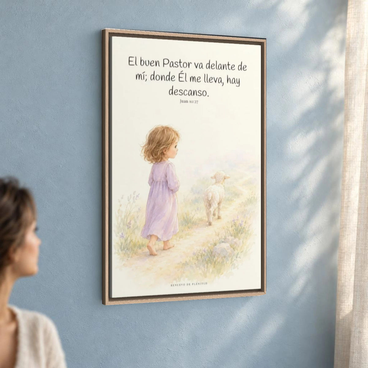 El buen Pastor va delante de mí | Decoración de fe para pared | Juan 10:27 — 24×36 pulgadas, marco natural, vista angular ambiental del marco flotante, escala física calibrada