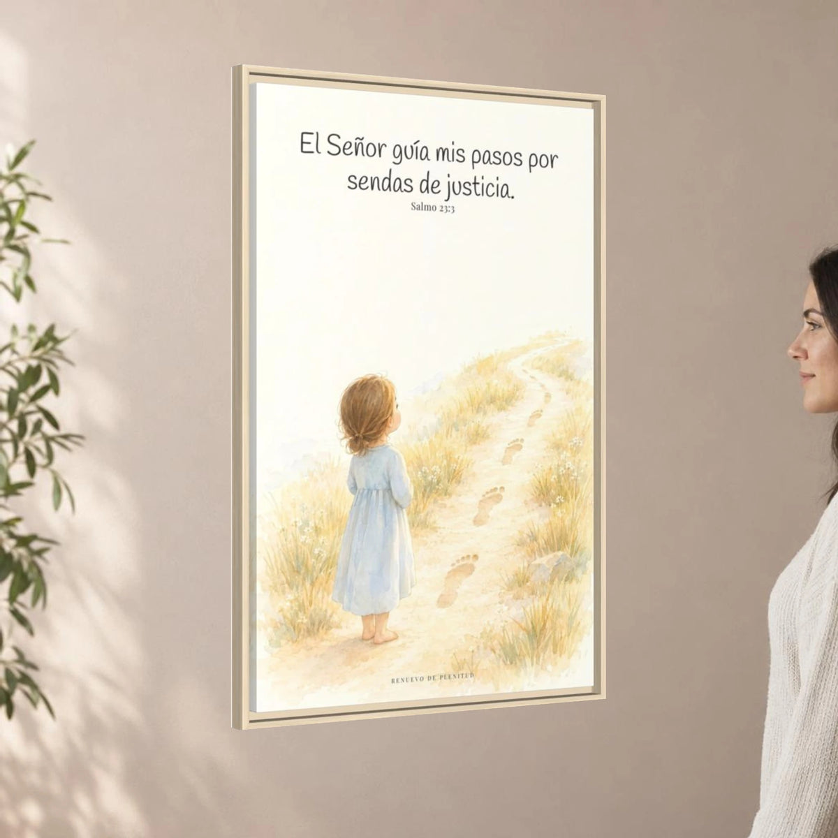 El Señor guía mis pasos — Lienzo Cristiano Enmarcado | Salmo 23:3 — 24×36 pulgadas, marco natural, vista angular ambiental del marco flotante, escala física calibrada