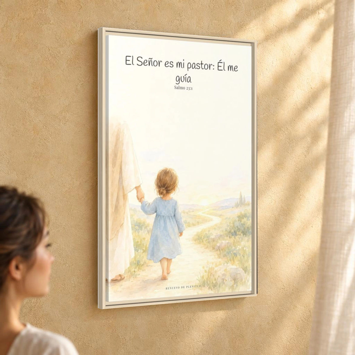 El Señor es mi pastor; Él me guía — Lienzo Cristiano Enmarcado | Salmo 23:1 — 24×36 pulgadas, marco natural, vista angular ambiental del marco flotante, escala física calibrada