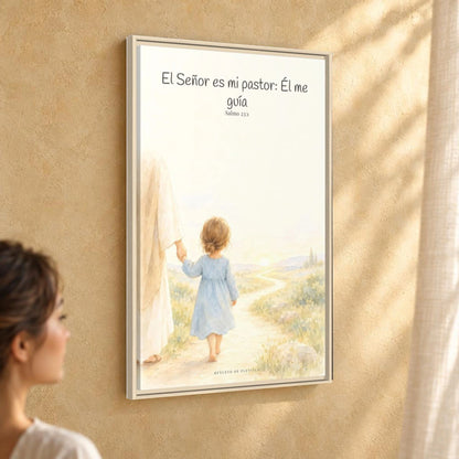 El Señor es mi pastor; Él me guía — Lienzo Cristiano Enmarcado | Salmo 23:1 — 24×36 pulgadas, marco natural, vista angular ambiental del marco flotante, escala física calibrada