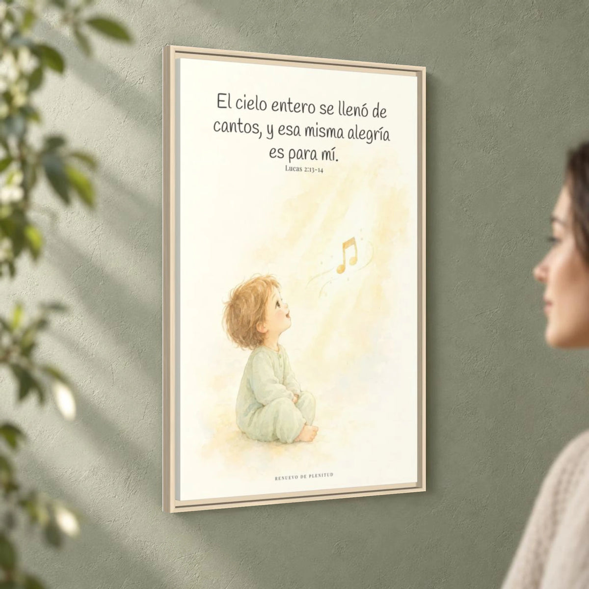 El ejército del cielo canta mi alegría — Lienzo Cristiano Enmarcado | Lucas 2:13-14 — 24×36 pulgadas, marco natural, vista angular ambiental del marco flotante, escala física calibrada