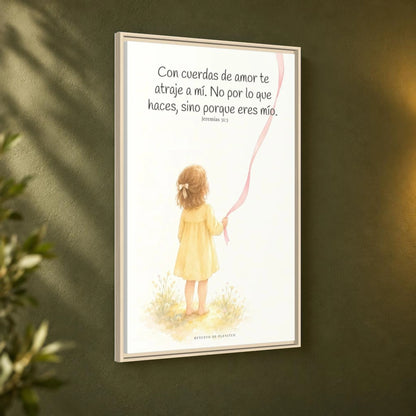 Con cuerdas de amor te atraje a mí — Lienzo Cristiano Enmarcado | Jeremías 31:3 — 24×36 pulgadas, marco natural, vista angular ambiental del marco flotante, escala física calibrada