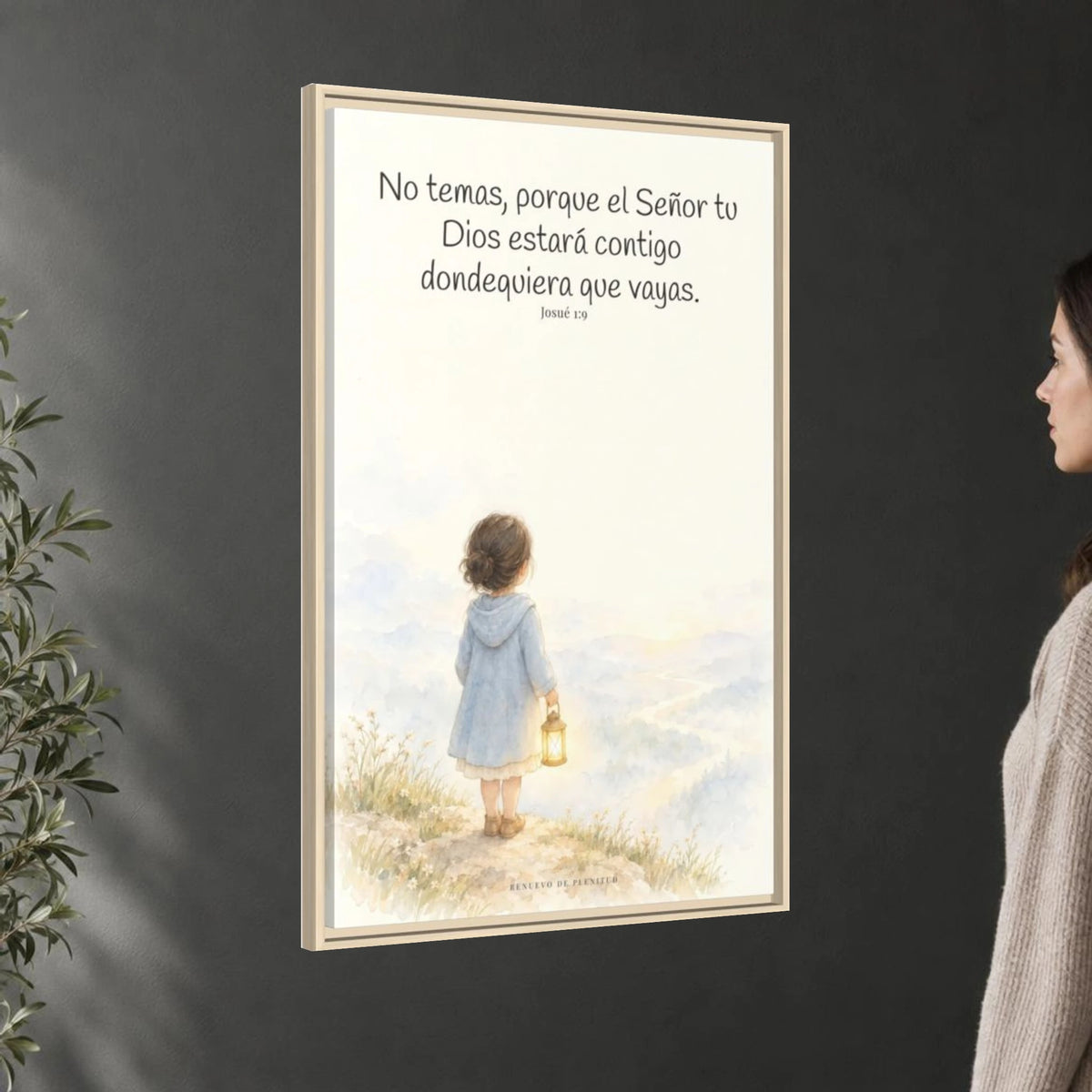 Jehová tu Dios estará contigo — Lienzo Cristiano Enmarcado | Josué 1:9 — 24×36 pulgadas, marco natural, vista angular ambiental del marco flotante, escala física calibrada