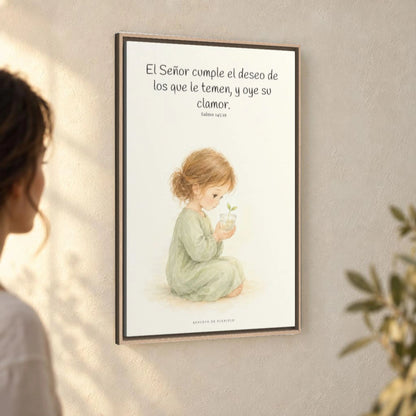 El Señor cumple el deseo de los que le temen | Cuadro de fe enmarcado | Salmo 145:19 — 24×36 pulgadas, marco natural, vista angular ambiental del marco flotante, escala física calibrada