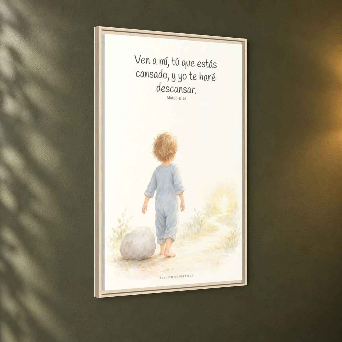 Ven a mí y yo te haré descansar — Lienzo Cristiano Enmarcado | Mateo 11:28 — 24×36 pulgadas, marco natural, vista angular ambiental del marco flotante, escala física calibrada