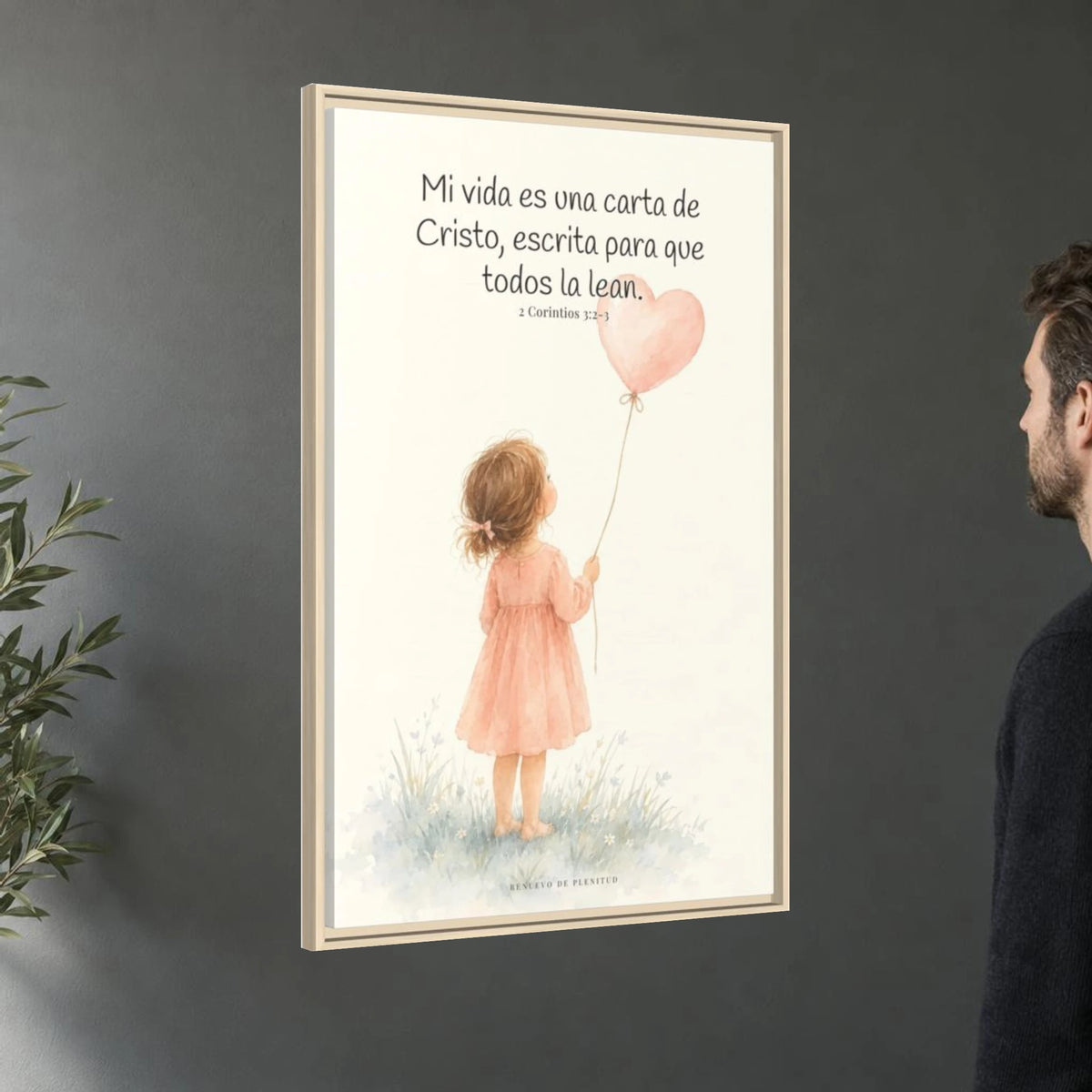 Mi vida es una carta de Cristo — Lienzo Cristiano Enmarcado | 2 Corintios 3:2-3 — 24×36 pulgadas, marco natural, vista angular ambiental del marco flotante, escala física calibrada