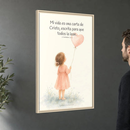 Mi vida es una carta de Cristo — Lienzo Cristiano Enmarcado | 2 Corintios 3:2-3 — 24×36 pulgadas, marco natural, vista angular ambiental del marco flotante, escala física calibrada