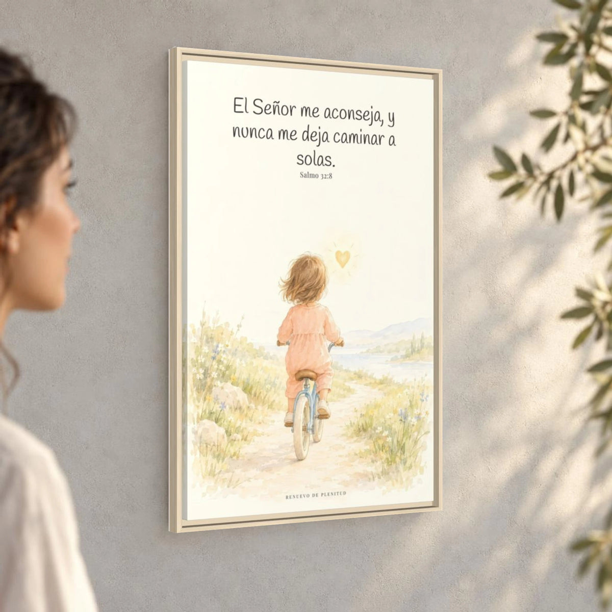 El Señor me aconseja con amor | Cuadro de fe enmarcado | Salmo 32:8 — 24×36 pulgadas, marco natural, vista angular ambiental del marco flotante, escala física calibrada