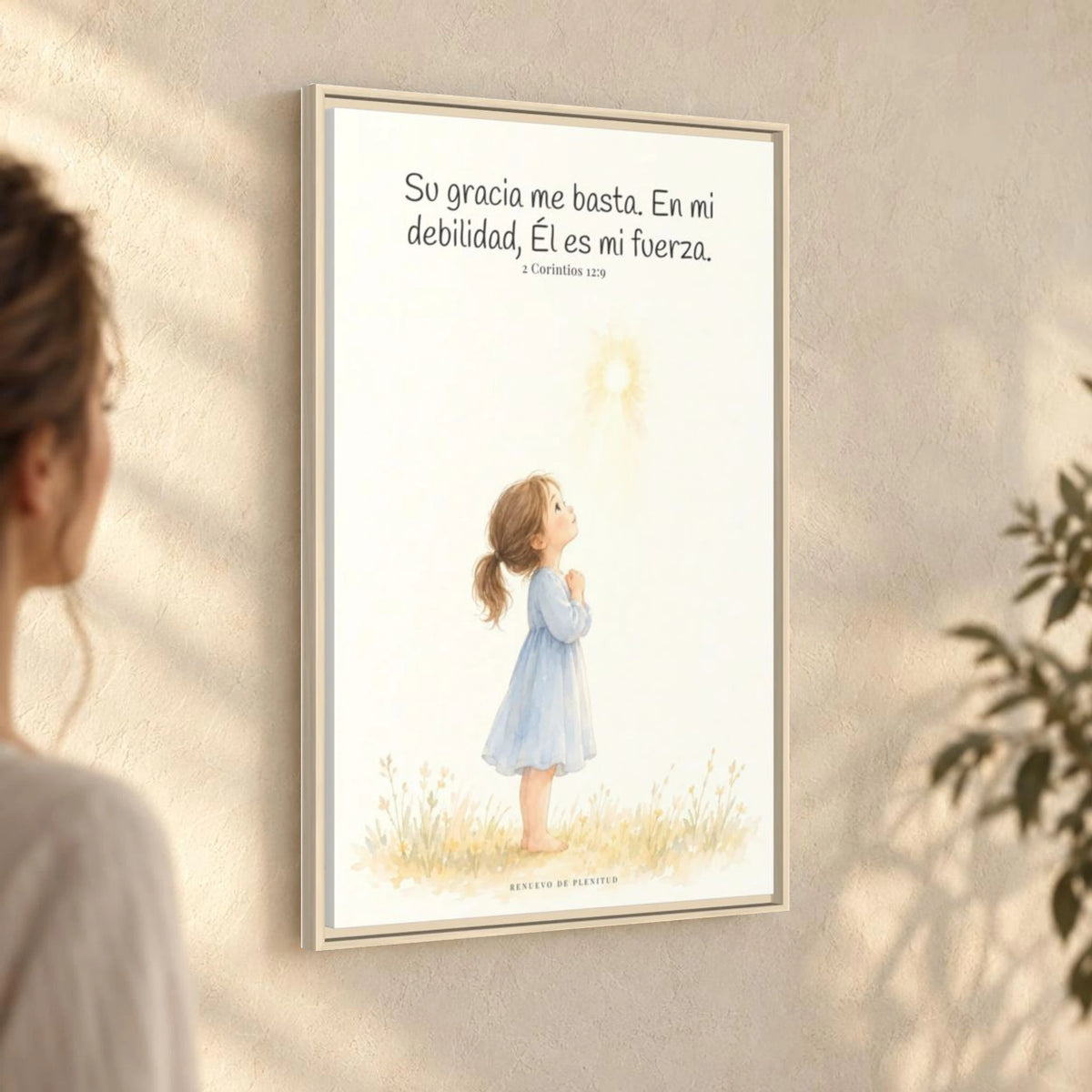 Su gracia me basta — Lienzo Cristiano Enmarcado | 2 Corintios 12:9 — 24×36 pulgadas, marco natural, vista angular ambiental del marco flotante, escala física calibrada