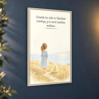 Grande ha sido tu fidelidad, Señor — Lienzo Cristiano Enmarcado | Lamentaciones 3:22-23 — 24×36 pulgadas, marco natural, vista angular ambiental del marco flotante, escala física calibrada
