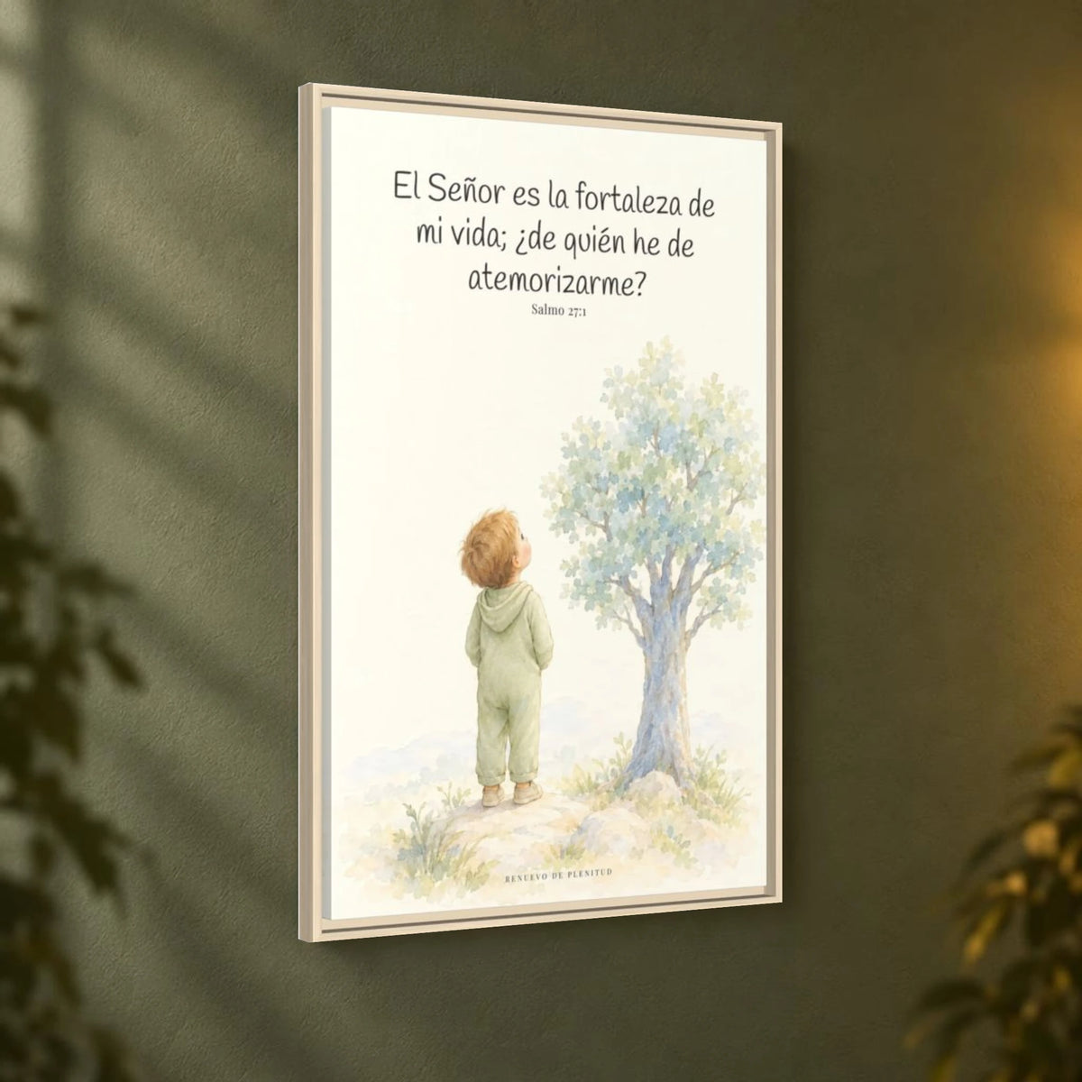 El Señor es la fortaleza de mi vida — Lienzo Cristiano Enmarcado | Salmo 27:1 — 24×36 pulgadas, marco natural, vista angular ambiental del marco flotante, escala física calibrada