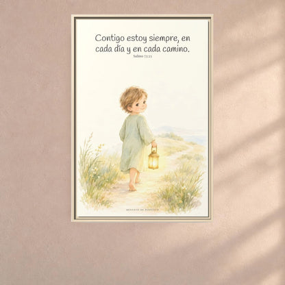 Contigo estoy siempre — Lienzo Cristiano Enmarcado | Salmo 73:23 — 24×36 pulgadas, marco natural, vista frontal ambiental, escala física calibrada