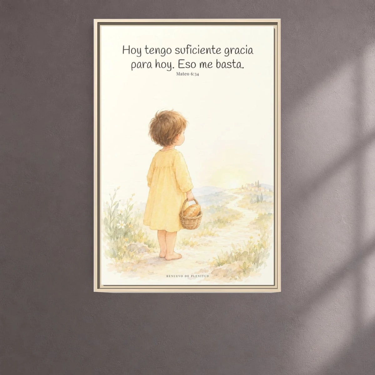 Basta a cada día su propio afán — Lienzo Cristiano Enmarcado | Mateo 6:34 — 24×36 pulgadas, marco natural, vista frontal ambiental, escala física calibrada