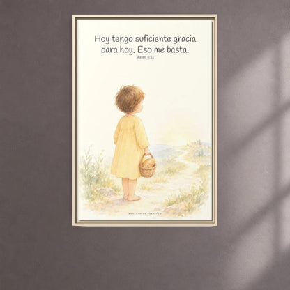 Basta a cada día su propio afán — Lienzo Cristiano Enmarcado | Mateo 6:34 — 24×36 pulgadas, marco natural, vista frontal ambiental, escala física calibrada