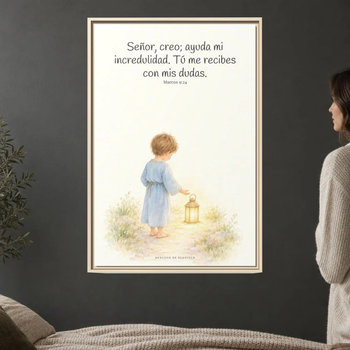 Señor, creo; ayuda mi incredulidad — Lienzo Cristiano Enmarcado | Marcos 9:24 — 24×36 pulgadas, marco natural, vista frontal ambiental, escala física calibrada