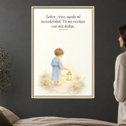 Señor, creo; ayuda mi incredulidad — Lienzo Cristiano Enmarcado | Marcos 9:24 — 24×36 pulgadas, marco natural, vista frontal ambiental, escala física calibrada