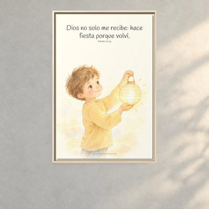 Era tiempo de hacer fiesta y regocijarnos — Lienzo Cristiano Enmarcado | Lucas 15:24 — 24×36 pulgadas, marco natural, vista frontal ambiental, escala física calibrada