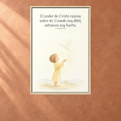 El poder de Cristo reposa sobre mí — Lienzo Cristiano Enmarcado | 2 Corintios 12:9 — 24×36 pulgadas, marco natural, vista frontal ambiental, escala física calibrada
