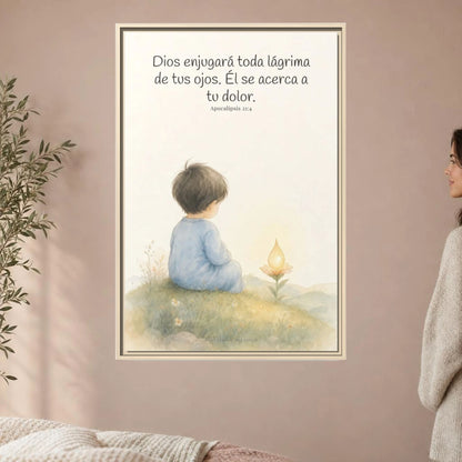 Dios enjugará toda lágrima — Lienzo Cristiano Enmarcado | Apocalipsis 21:4 — 24×36 pulgadas, marco natural, vista frontal ambiental, escala física calibrada