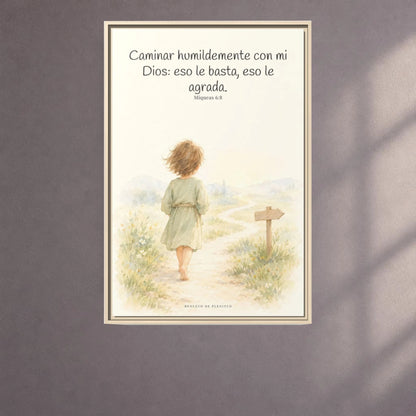 Caminar con Dios es suficiente — Lienzo Cristiano Enmarcado | Miqueas 6:8 — 24×36 pulgadas, marco natural, vista frontal ambiental, escala física calibrada