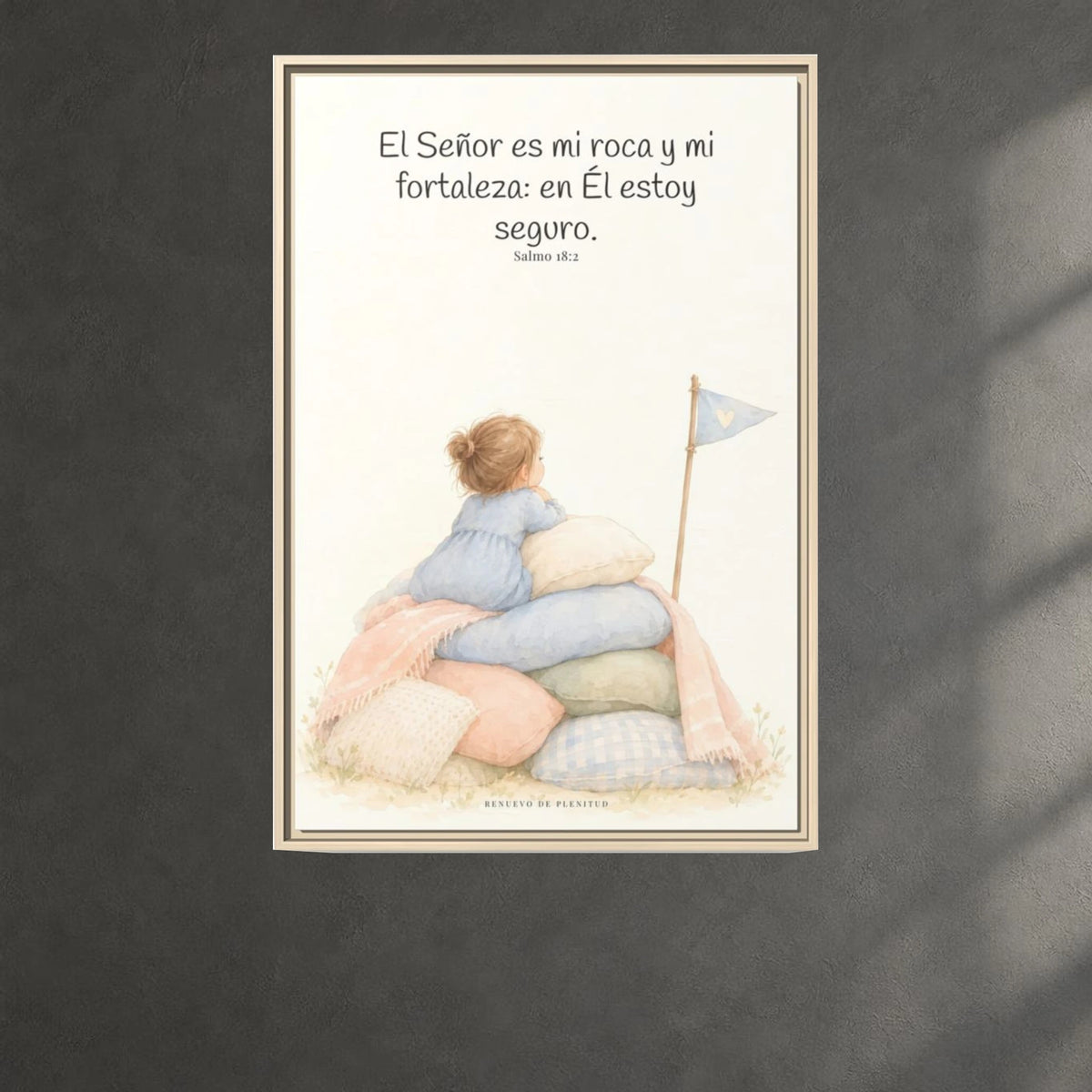 Jehová es mi roca y mi fortaleza — Lienzo Cristiano Enmarcado | Salmo 18:2 — 24×36 pulgadas, marco natural, vista frontal ambiental, escala física calibrada