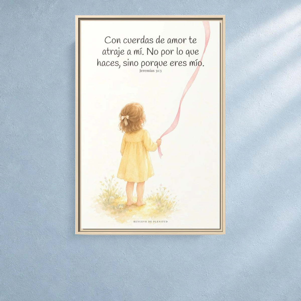 Con cuerdas de amor te atraje a mí — Lienzo Cristiano Enmarcado | Jeremías 31:3 — 24×36 pulgadas, marco natural, vista frontal ambiental, escala física calibrada