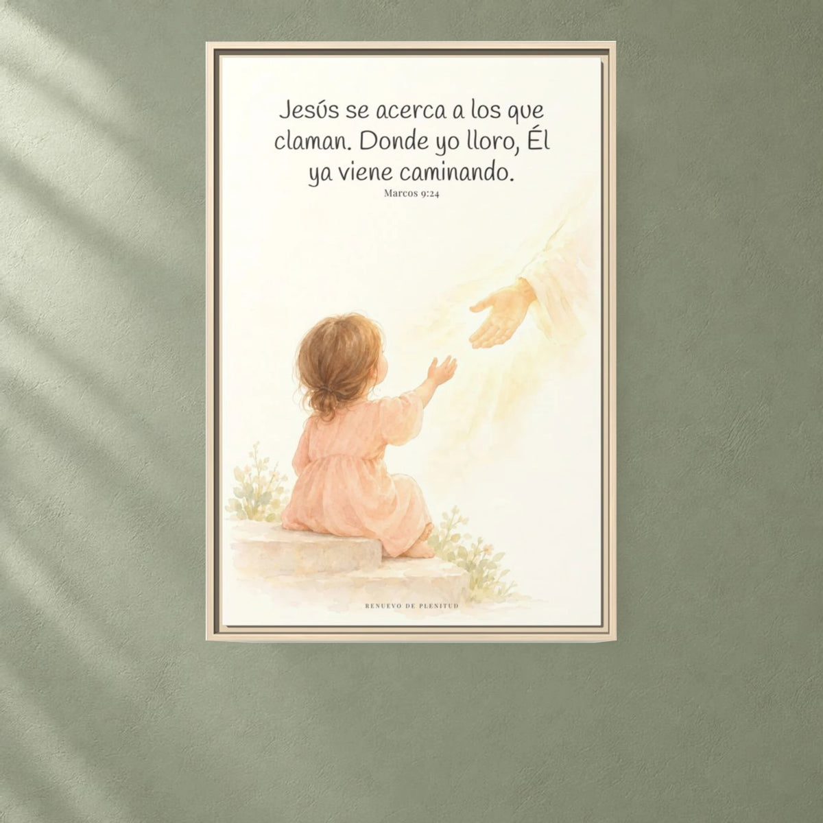 Jesús se acerca a los que claman — Lienzo Cristiano Enmarcado | Marcos 9:24 — 24×36 pulgadas, marco natural, vista frontal ambiental, escala física calibrada