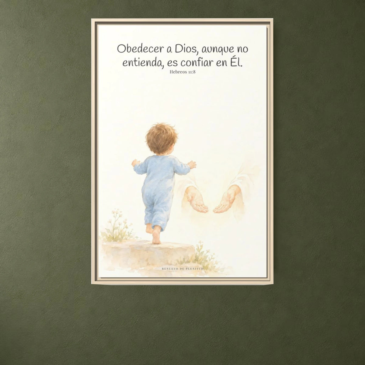 Obedecer a Dios es mi mayor valentía — Lienzo Cristiano Enmarcado | Hebreos 11:8 — 24×36 pulgadas, marco natural, vista frontal ambiental, escala física calibrada