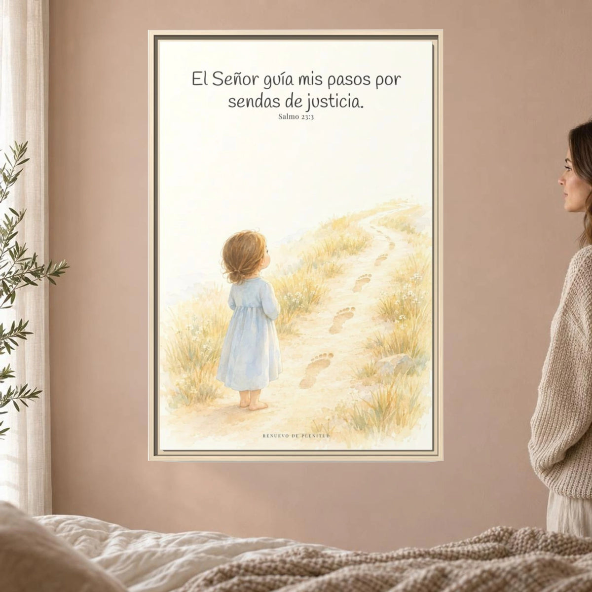 El Señor guía mis pasos — Lienzo Cristiano Enmarcado | Salmo 23:3 — 24×36 pulgadas, marco natural, vista frontal ambiental, escala física calibrada