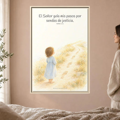 El Señor guía mis pasos — Lienzo Cristiano Enmarcado | Salmo 23:3 — 24×36 pulgadas, marco natural, vista frontal ambiental, escala física calibrada