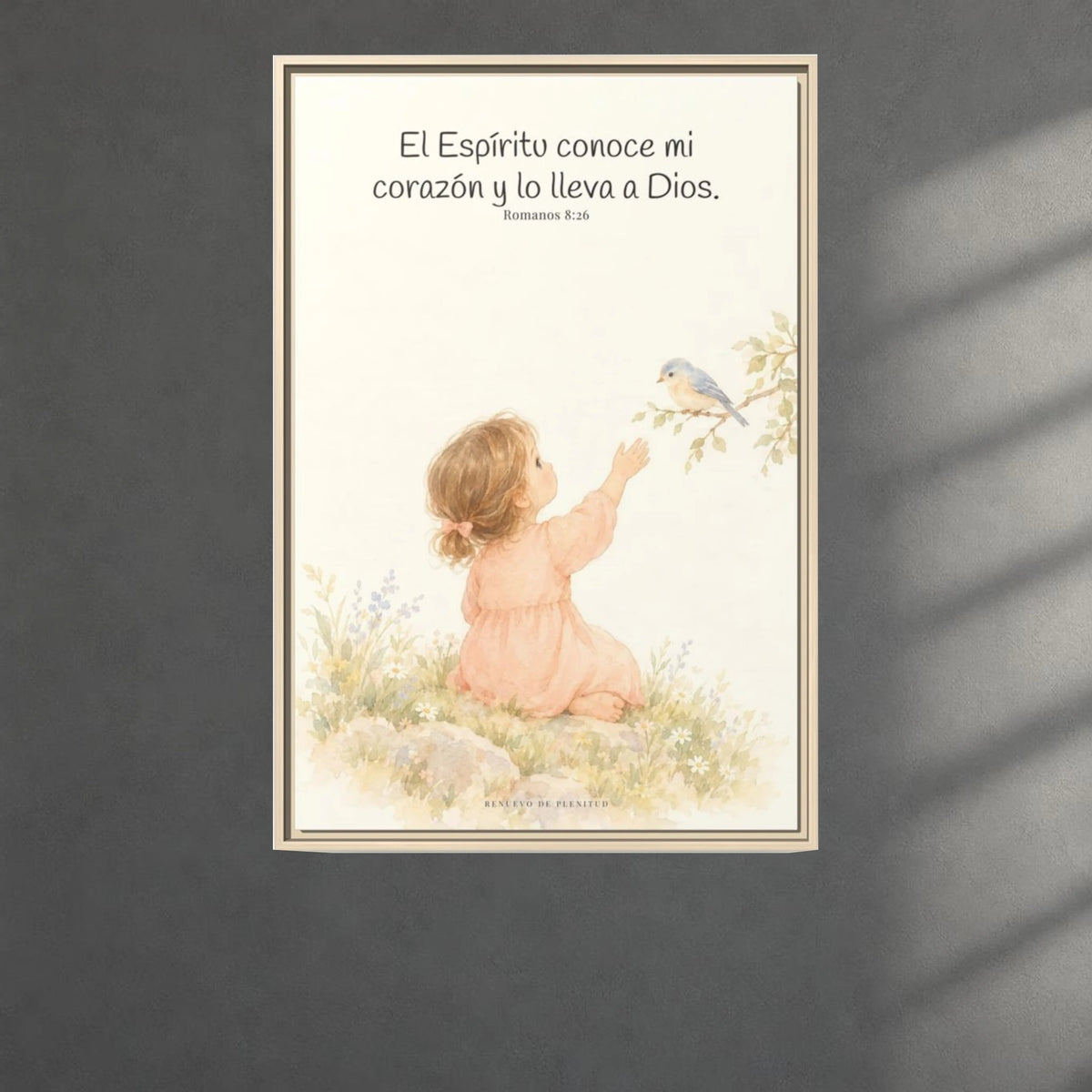 El Espíritu conoce lo que hay en mi corazón — Lienzo Cristiano Enmarcado | Romanos 8:26 — 24×36 pulgadas, marco natural, vista frontal ambiental, escala física calibrada