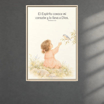 El Espíritu conoce lo que hay en mi corazón — Lienzo Cristiano Enmarcado | Romanos 8:26 — 24×36 pulgadas, marco natural, vista frontal ambiental, escala física calibrada