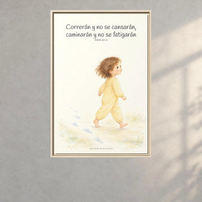Correrán y no se cansarán — Lienzo Cristiano Enmarcado | Isaías 40:31 — 24×36 pulgadas, marco natural, vista frontal ambiental, escala física calibrada