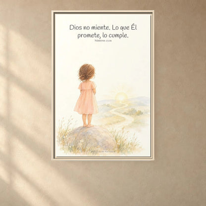 Dios no miente: sus promesas siempre se cumplen — Lienzo Cristiano Enmarcado | Números 23:19 — 24×36 pulgadas, marco natural, vista frontal ambiental, escala física calibrada