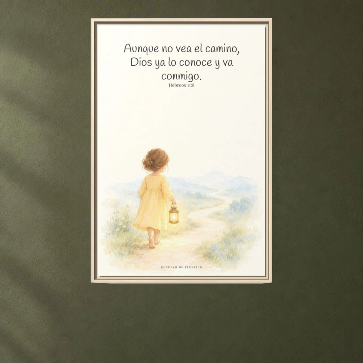 Dios va conmigo aunque no vea el camino — Lienzo Cristiano Enmarcado | Hebreos 11:8 — 24×36 pulgadas, marco natural, vista frontal ambiental, escala física calibrada