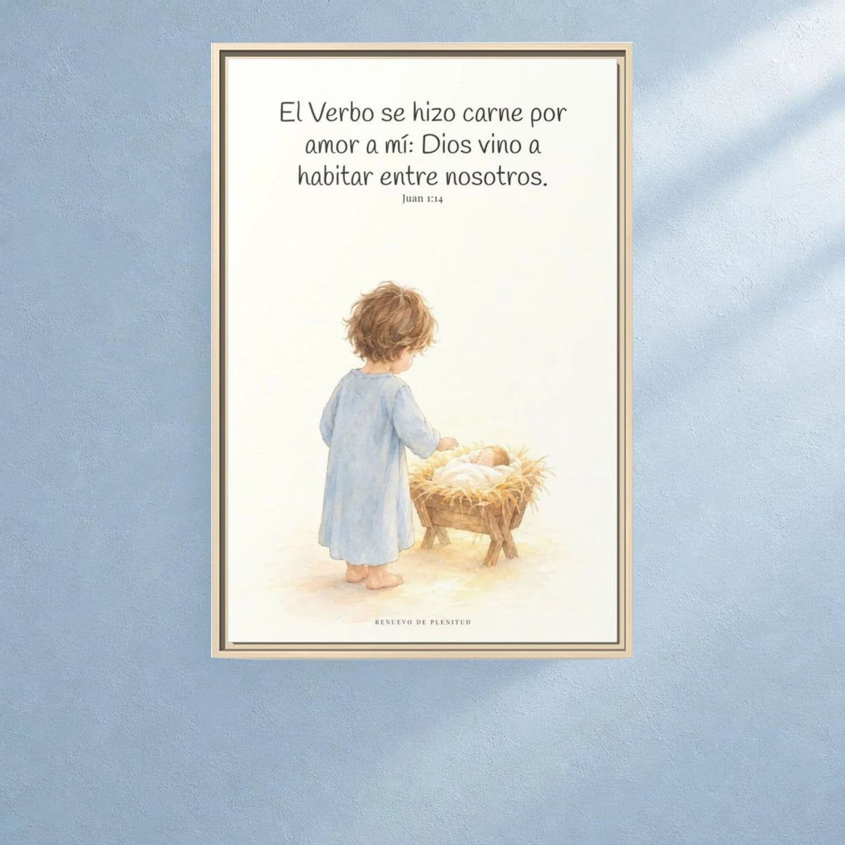 El Verbo se hizo carne por amor a mí — Lienzo Cristiano Enmarcado | Juan 1:14 — 24×36 pulgadas, marco natural, vista frontal ambiental, escala física calibrada