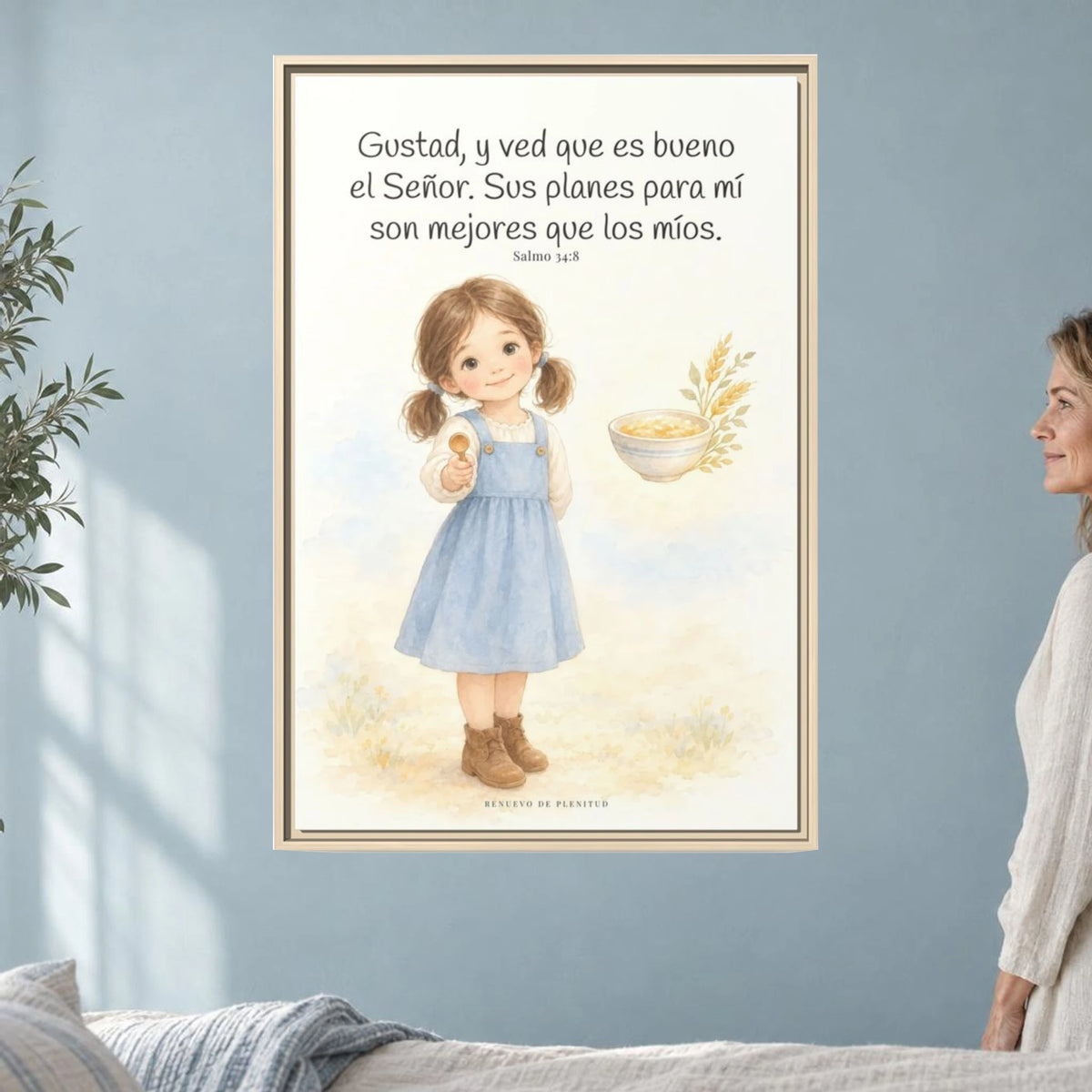Gustad, y ved que es bueno Jehová — Lienzo Cristiano Enmarcado | Salmo 34:8 — 24×36 pulgadas, marco natural, vista frontal ambiental, escala física calibrada