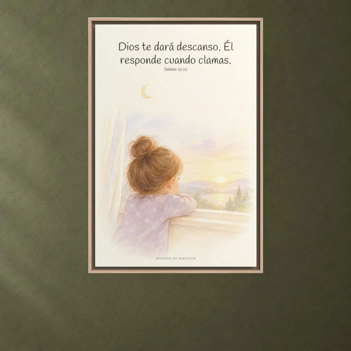 Dios te dará descanso | Cuadro cristiano enmarcado | Salmo 55:22 — 24×36 pulgadas, marco natural, vista frontal ambiental, escala física calibrada