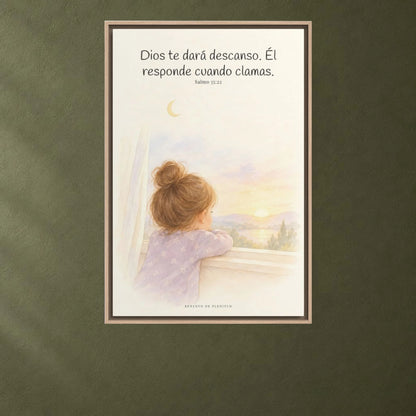 Dios te dará descanso | Cuadro cristiano enmarcado | Salmo 55:22 — 24×36 pulgadas, marco natural, vista frontal ambiental, escala física calibrada
