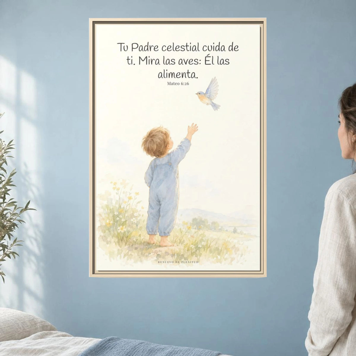 Tu Padre celestial cuida de mí — Lienzo Cristiano Enmarcado | Mateo 6:26 — 24×36 pulgadas, marco natural, vista frontal ambiental, escala física calibrada