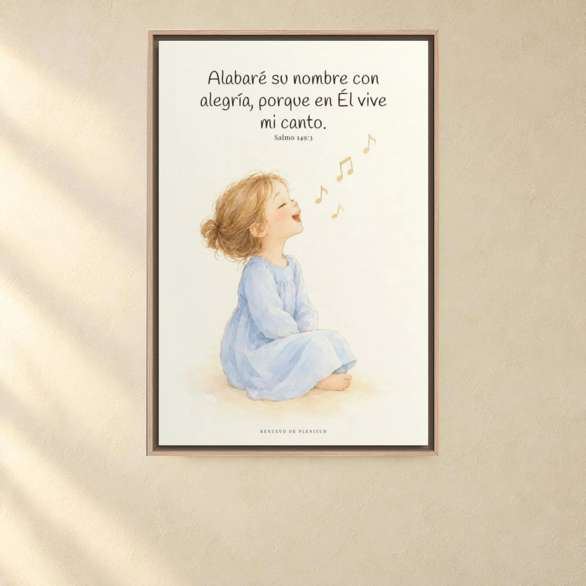 Alabaré su nombre con alegría | Arte cristiano enmarcado | Salmo 149:3 — 24×36 pulgadas, marco natural, vista frontal ambiental, escala física calibrada