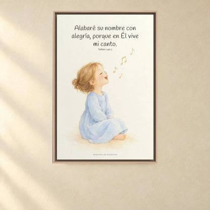 Alabaré su nombre con alegría | Arte cristiano enmarcado | Salmo 149:3 — 24×36 pulgadas, marco natural, vista frontal ambiental, escala física calibrada