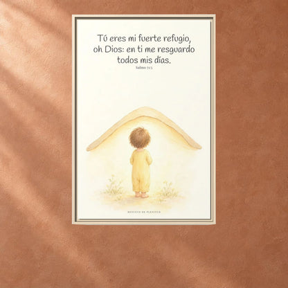 Tú eres mi fuerte refugio, oh Dios — Lienzo Cristiano Enmarcado | Salmo 71:5 — 24×36 pulgadas, marco natural, vista frontal ambiental, escala física calibrada