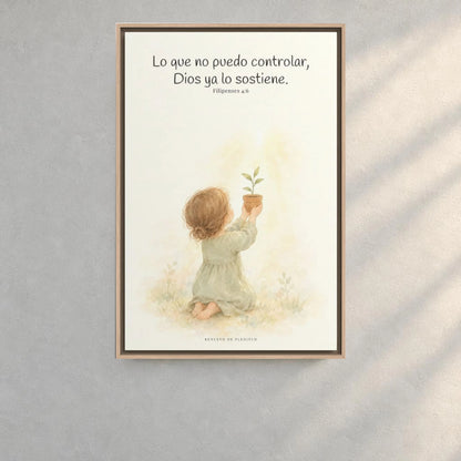 Dios cuida lo que yo no puedo controlar | Decoración de fe para pared | Filipenses 4:6 — 24×36 pulgadas, marco natural, vista frontal ambiental, escala física calibrada