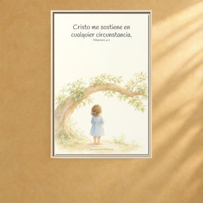 Cristo me sostiene en cualquier circunstancia — Lienzo Cristiano Enmarcado | Filipenses 4:13 — 24×36 pulgadas, marco natural, vista frontal ambiental, escala física calibrada