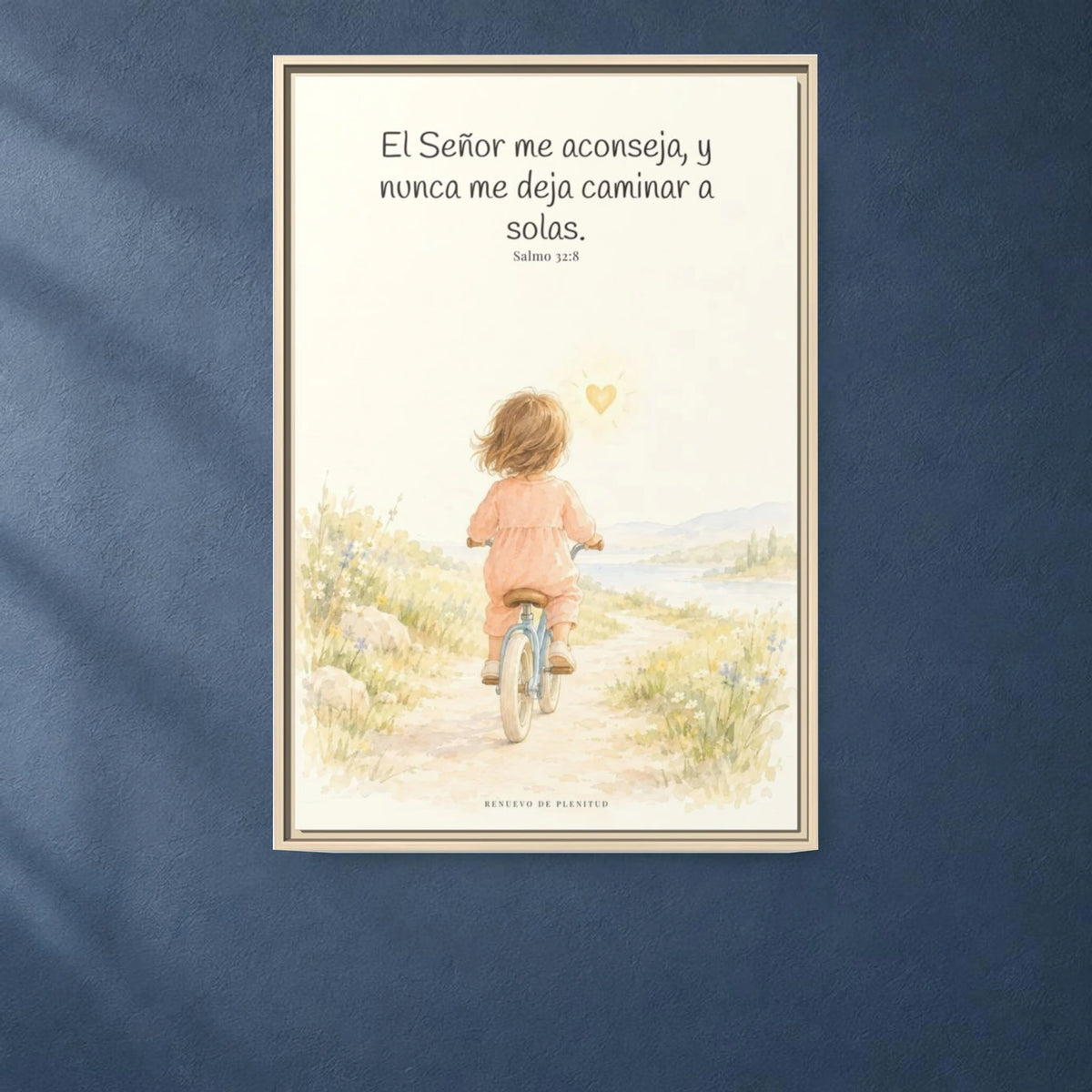 El Señor me aconseja con amor | Cuadro de fe enmarcado | Salmo 32:8 — 24×36 pulgadas, marco natural, vista frontal ambiental, escala física calibrada