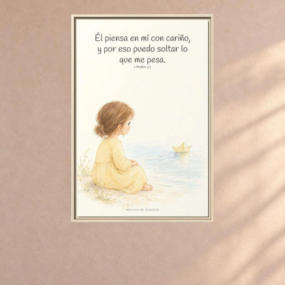 Echa Toda Tu Ansiedad Sobre Dios — Lienzo Cristiano Enmarcado | 1 Pedro 5:7 — 24×36 pulgadas, marco natural, vista frontal ambiental, escala física calibrada